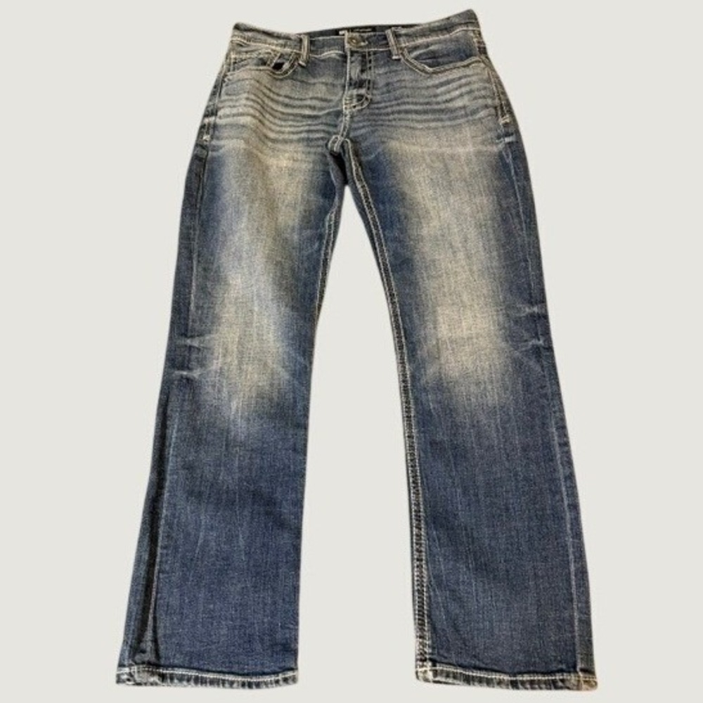 BKE Jake Straight Mens Medium Wash Blue Denim Jeans 33x30 Whiskered Straight Leg